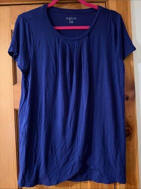 a:glow Navy Short-Sleeve Pleated Scoop Neck Tee Nursing Maternity Top Size M
